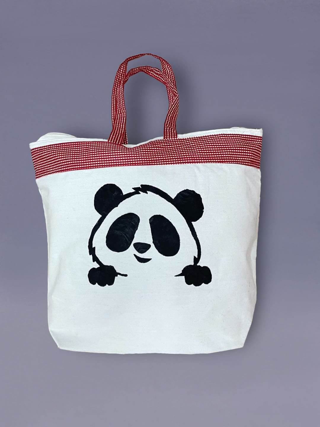 Cotton White Hand Bag - Stencil-Printed Panda