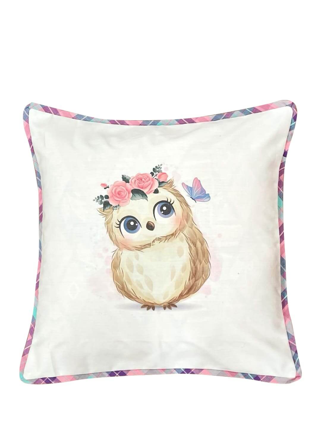 Handwoven Cotton Sublimation Printed Cushion Cover-Owl with Crown of Roses