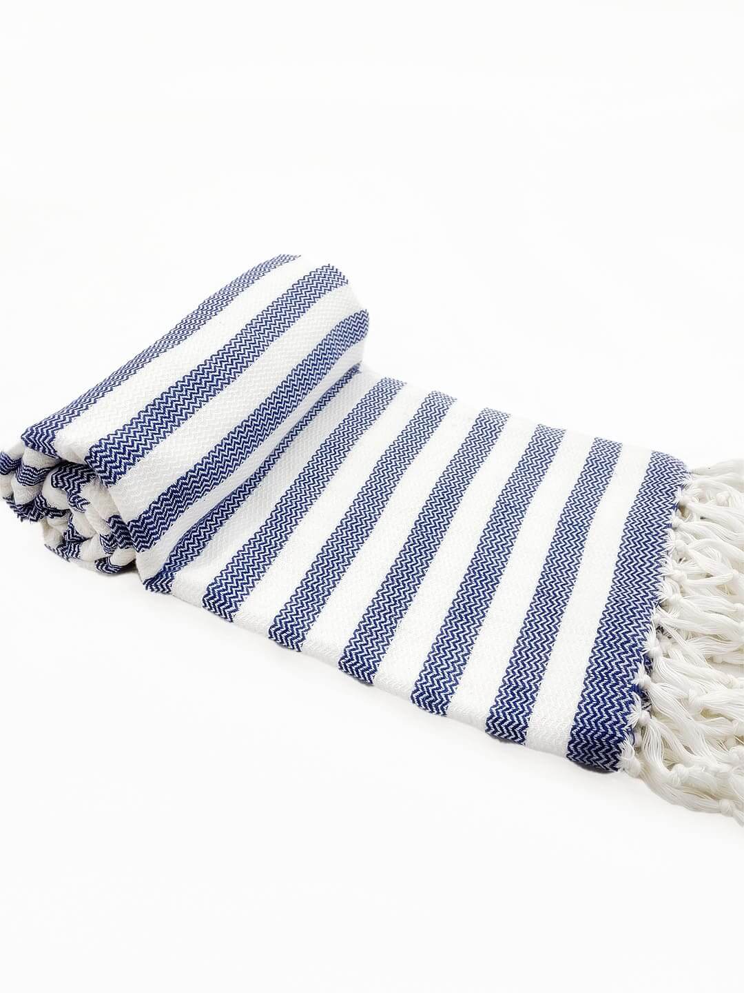 Handwoven Pure Cotton Twill Weave Towel-Off-white & Blue Stripes